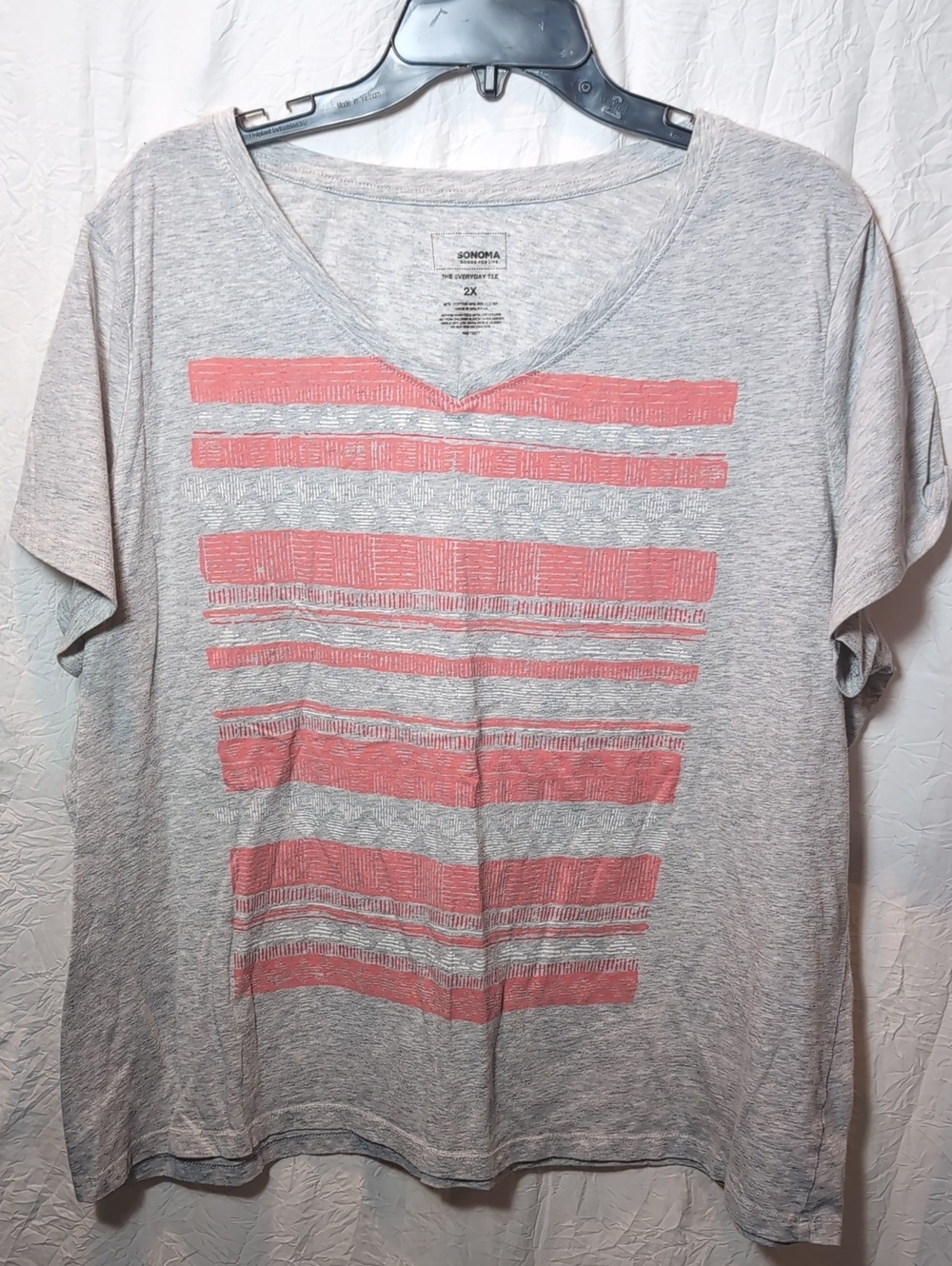 Sonoma Gray V-Neck Tee with Coral Stripe Pattern